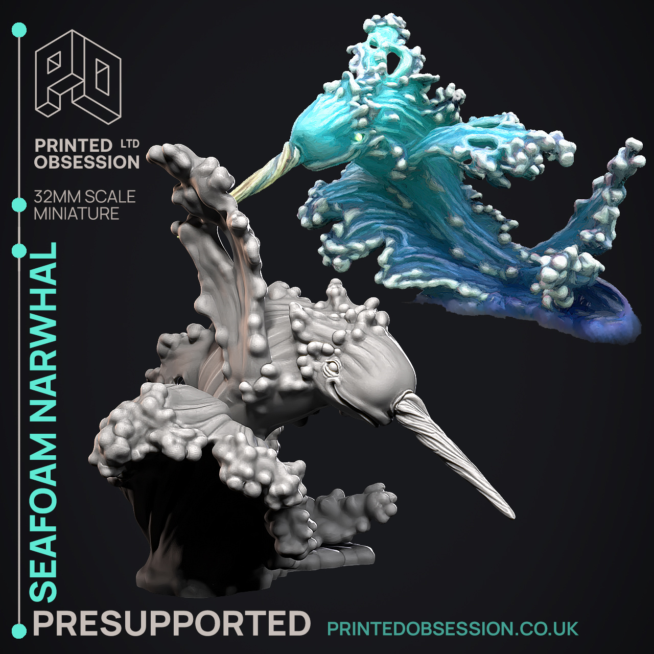 Seafoam Narwhal - Elemental Creatures - PRESUPPORTED - Illustrated and Stats - 32mm scale
